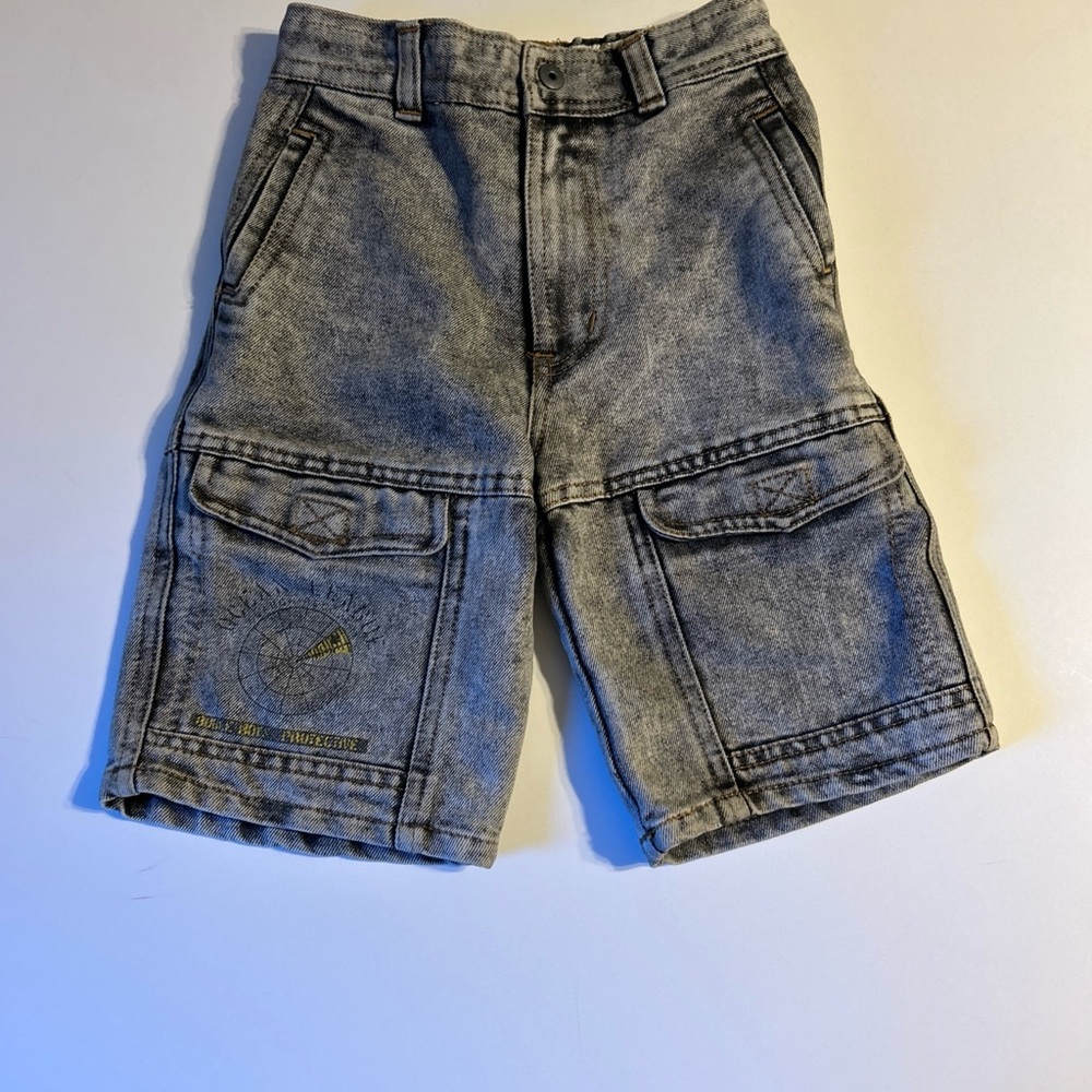 Bugle Boy Youth 7 Slim Black‎ Washed Jeans Utility Shorts Printed Decal